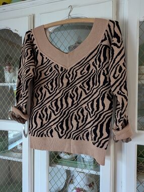 Beige and Black Zebra Print V-Neck Women's Sweater Animal Stripe